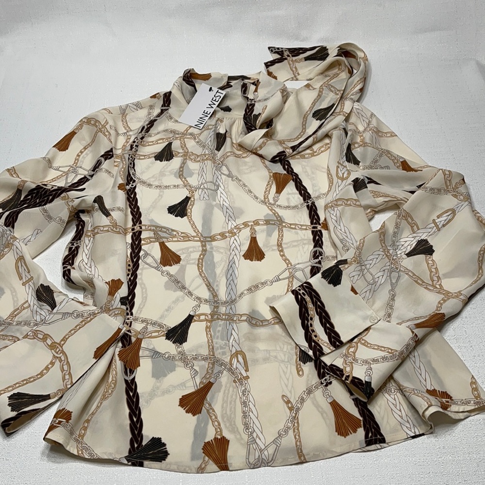 Nine WEST long sleeve blouse cream brown color size L NWT